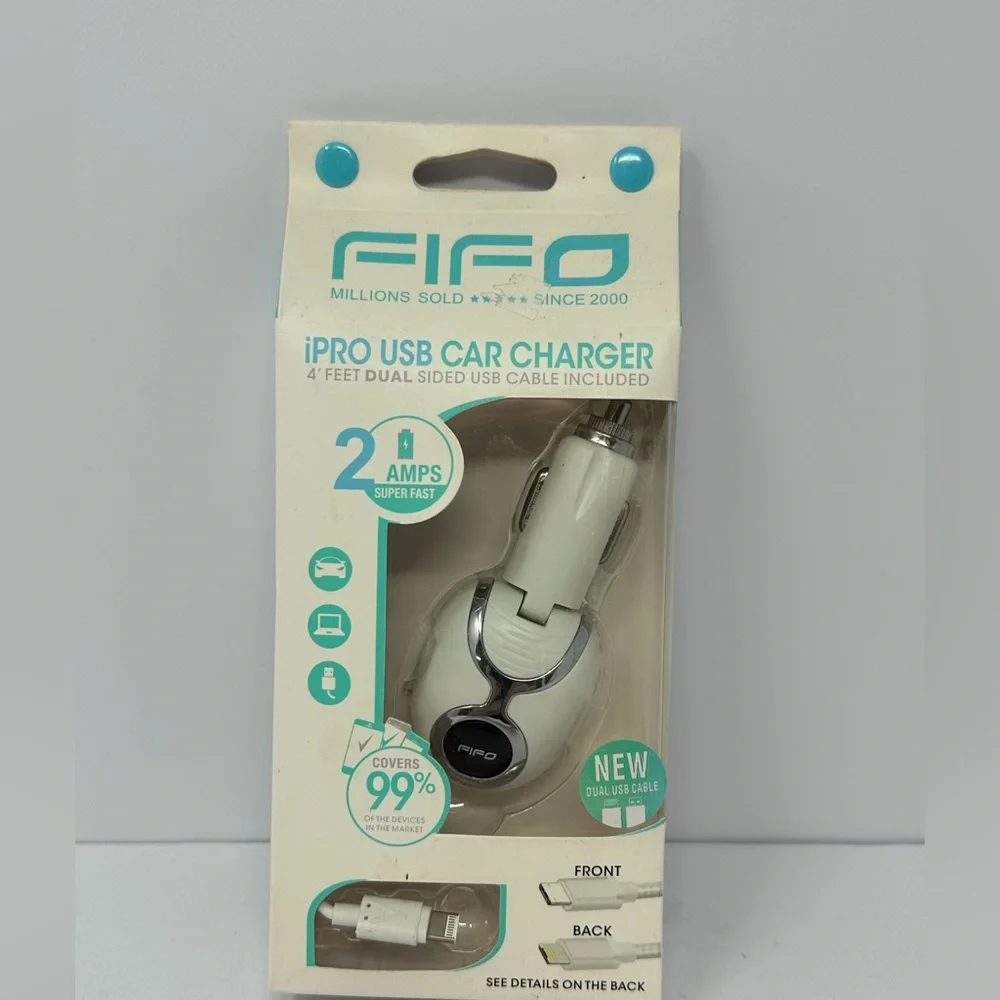 Fifo IPRO USB Car Charger 4ft dual sided cable white Android and Apple Swivel P4